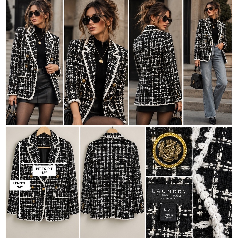Black White Tweed Blazer Quiet Luxury Gold Crest Buttons Parisian Preppy S